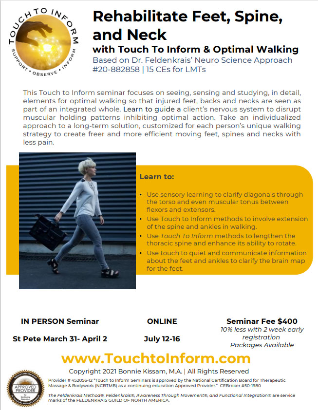 Rehabilitate Feet, Spine, and Neck with Touch To Inform & Optimal WalkingSeminar PDF flyer